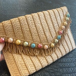 btb Los Angles JoJo Clutch Bag Straw Envelope Bag w/Fringes and colorful pearls